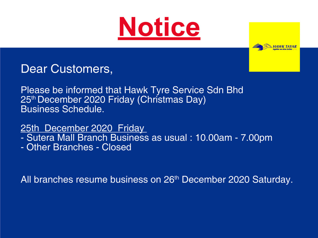 Christmas Day Business Schedule - Hawk Tyre