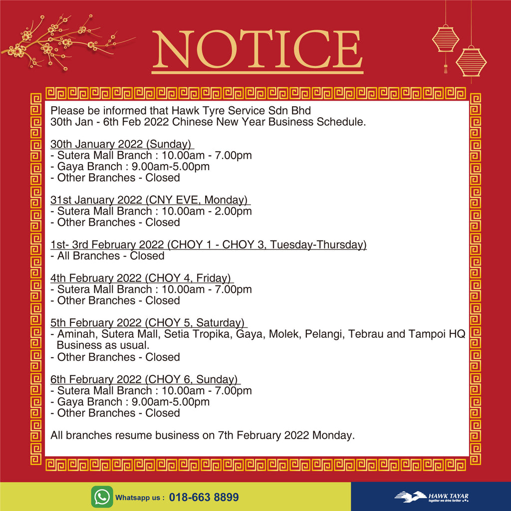 NOTICE : 2022 CHINESE NEW YEAR BUSINESS SCHDULE