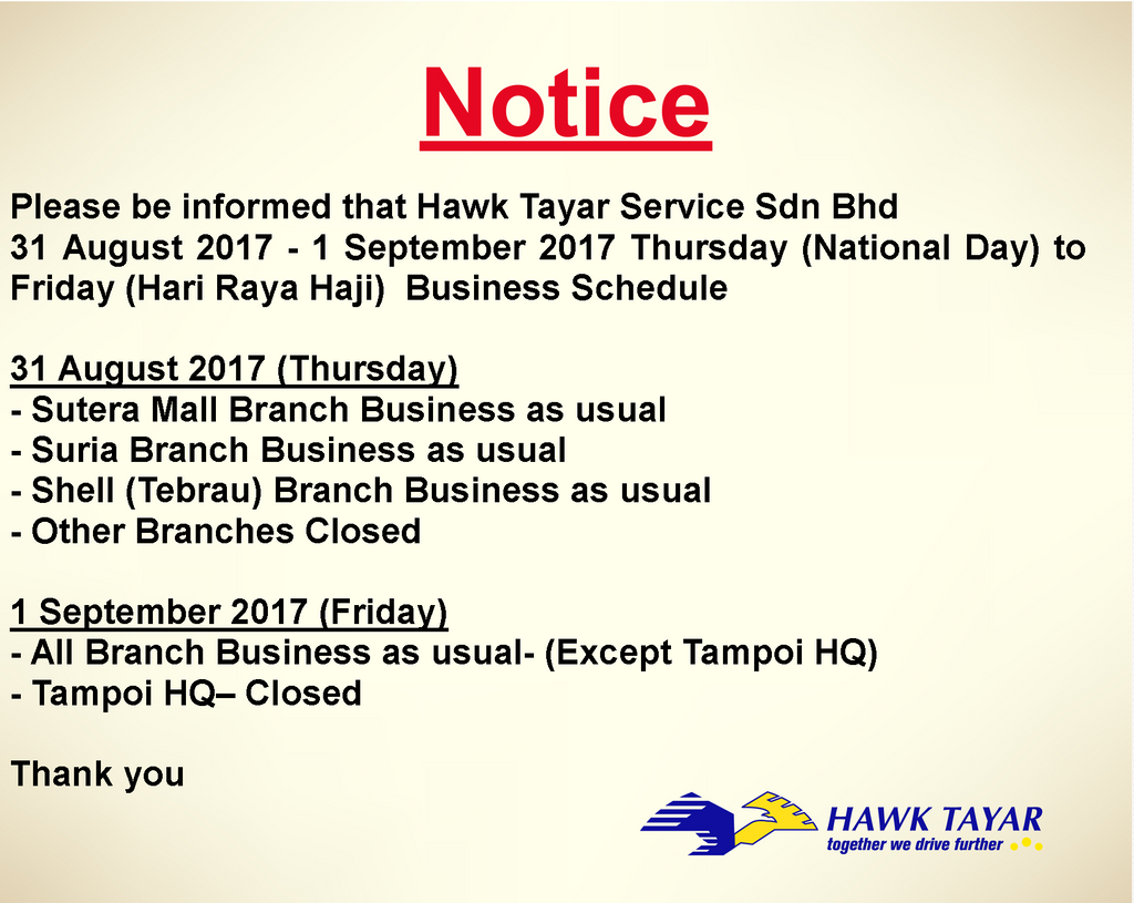 National Day & Hari Raya Haji Business Schedule
